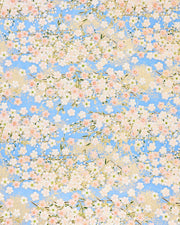 Japanese chiyogami paper featuring light pink and white cherry blossoms on a sky blue background with metallic gold details.