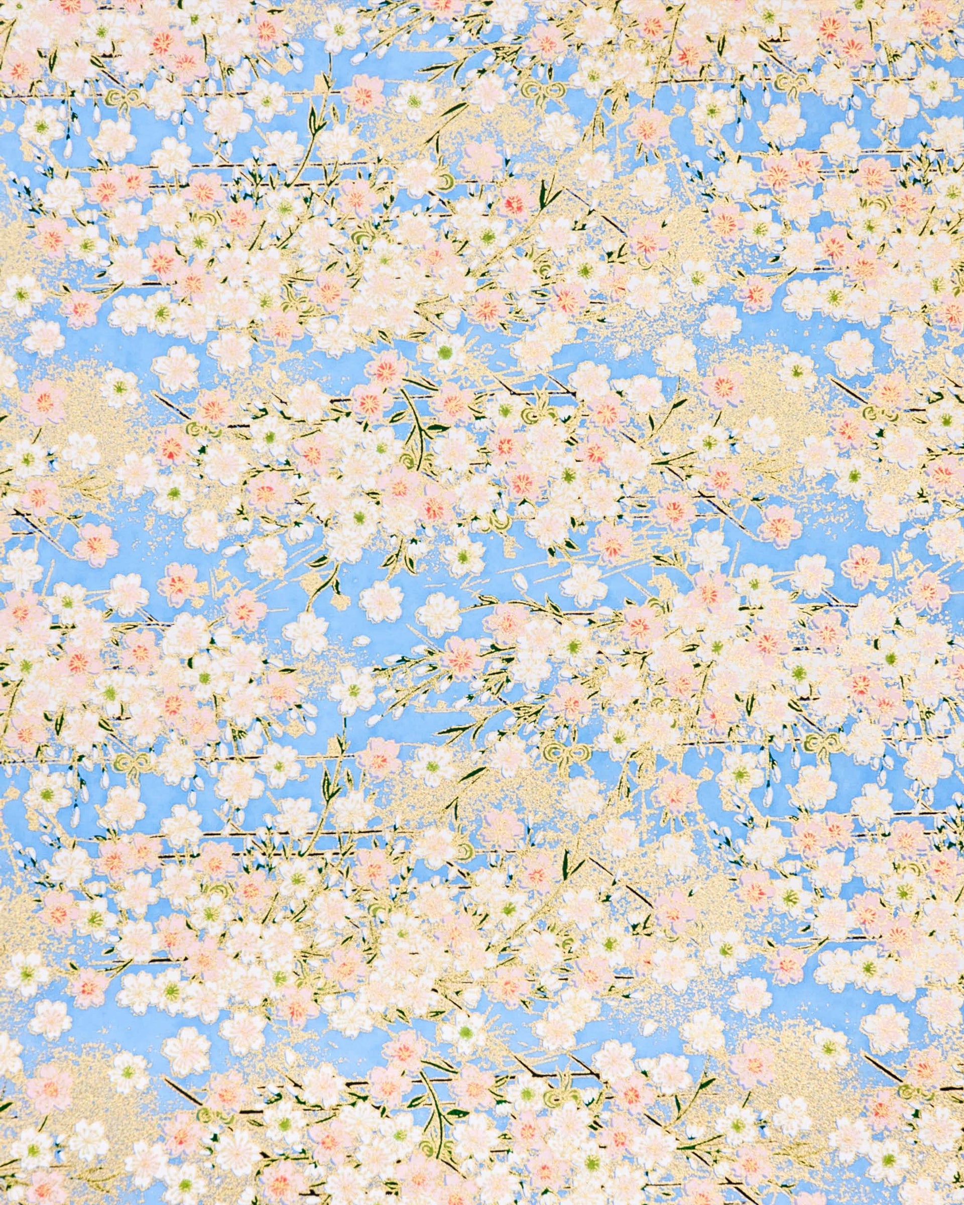 Japanese chiyogami paper featuring light pink and white cherry blossoms on a sky blue background with metallic gold details.