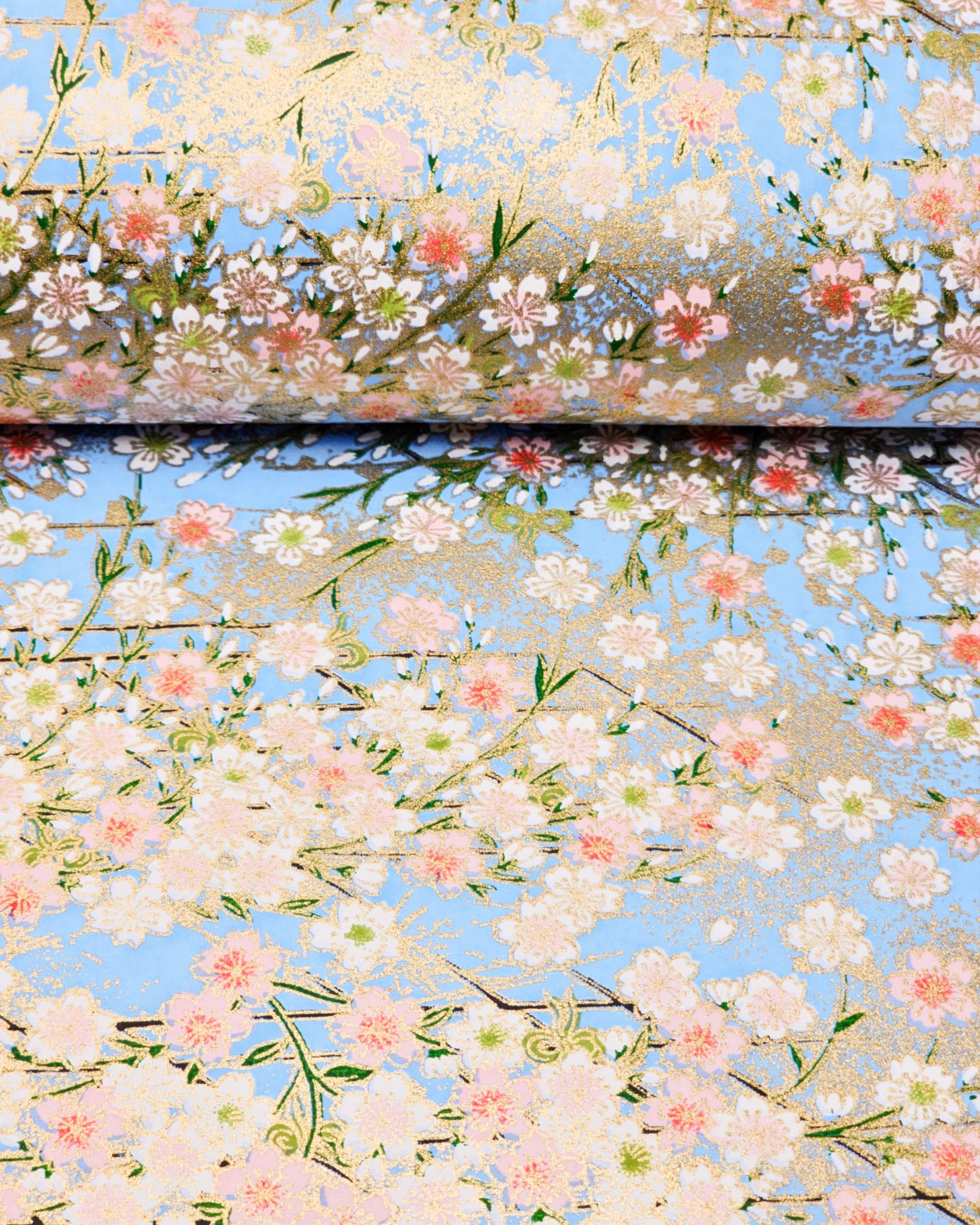 Japanese chiyogami paper featuring light pink and white cherry blossoms on a sky blue background with metallic gold details.