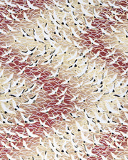 Japanese chiyogami paper featuring white flying cranes in a zigzag formation on a brown background with metallic gold and silver details.