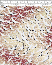Japanese chiyogami paper featuring white flying cranes in a zigzag formation on a brown background with metallic gold and silver details.