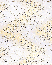 Japanese chiyogami paper featuring pearlescent white flying cranes in a zigzag formation on a white background with metallic gold and silver details.