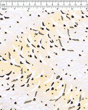 Japanese chiyogami paper featuring pearlescent white flying cranes in a zigzag formation on a white background with metallic gold and silver details.