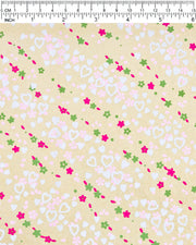 Japanese chiyogami paper featuring white hearts, small red and green flowers, and pink cherry blossoms on a metallic gold background.