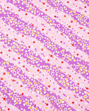 Japanese chiyogami paper featuring white hearts, small pink, red, and purple flowers, and metallic gold blossoms on a purple gradient background.