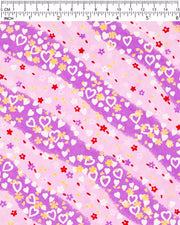 Japanese chiyogami paper featuring white hearts, small pink, red, and purple flowers, and metallic gold blossoms on a purple gradient background.