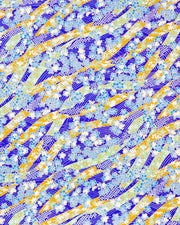 Japanese chiyogami paper featuring blue plum and cherry blossoms with flowing green and brown ribbons on a dark vibrant blue and silver  seigaihai background with metallic gold details.