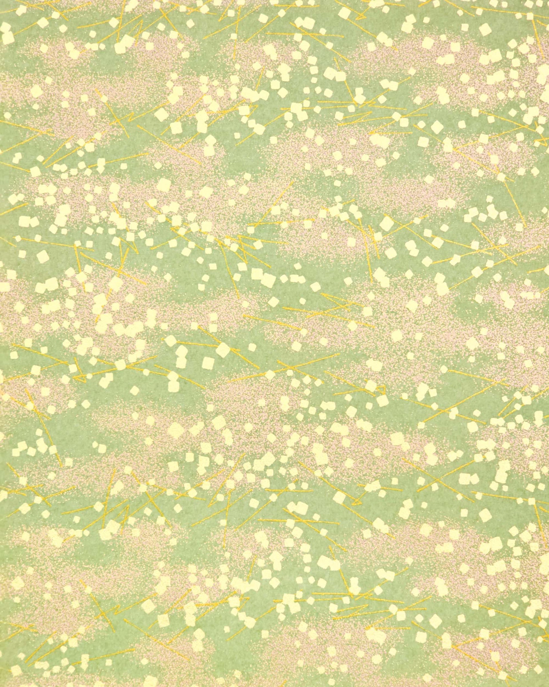 Japanese chiyogami paper featuring scattered metallic gold geometric shapes and fine gold lines on a green background.