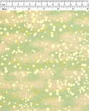 Japanese chiyogami paper featuring scattered metallic gold geometric shapes and fine gold lines on a green background.