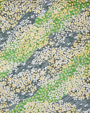 Japanese chiyogami paper featuring white and yellow cherry blossoms on a light green background and a dark green and white wave (aranami) pattern with metallic gold details. 