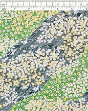 Japanese chiyogami paper featuring white and yellow cherry blossoms on a light green background and a dark green and white wave (aranami) pattern with metallic gold details, and metallic gold details, shown next to a ruler for size reference.