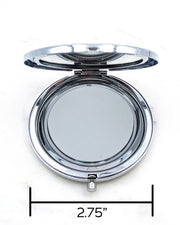 Opened round silver compact mirror showing the size as 2.75"