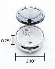 Opened pill box showing 3 compartments and dimensions
