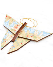 Large wooden origami butterfly ornament featuring beige, white, and red leaves on a light blue background with metallic gold details.