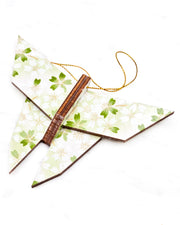 Large wooden origami butterfly ornament featuring white and green cherry blossoms on a white and light green background with metallic gold details.