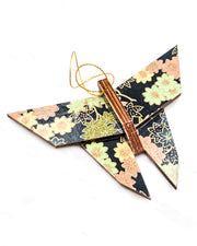 Large wooden origami butterfly ornament featuring assorted green, pink, beige, and gray maple leaves with dark gray and metallic gold dotted maple leaves on a dark gray background.