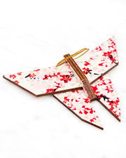 Large wooden origami butterfly ornament featuring pink and white cherry blossoms with metallic gold details.