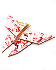 Large wooden origami butterfly ornament featuring pink and white cherry blossoms with metallic gold details.