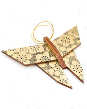 Large wooden origami butterfly ornament featuring black pointillistic plum blossoms on a metallic gold background.