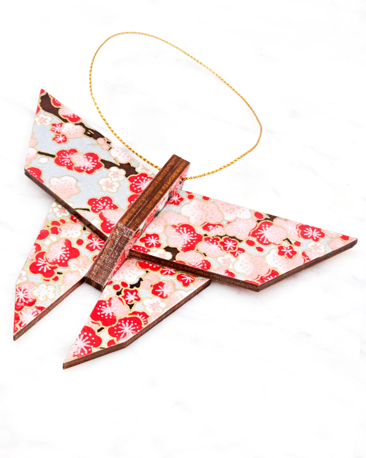 Large wooden origami butterfly ornament featuring red and white plum blossoms on a silver background with metallic gold details.