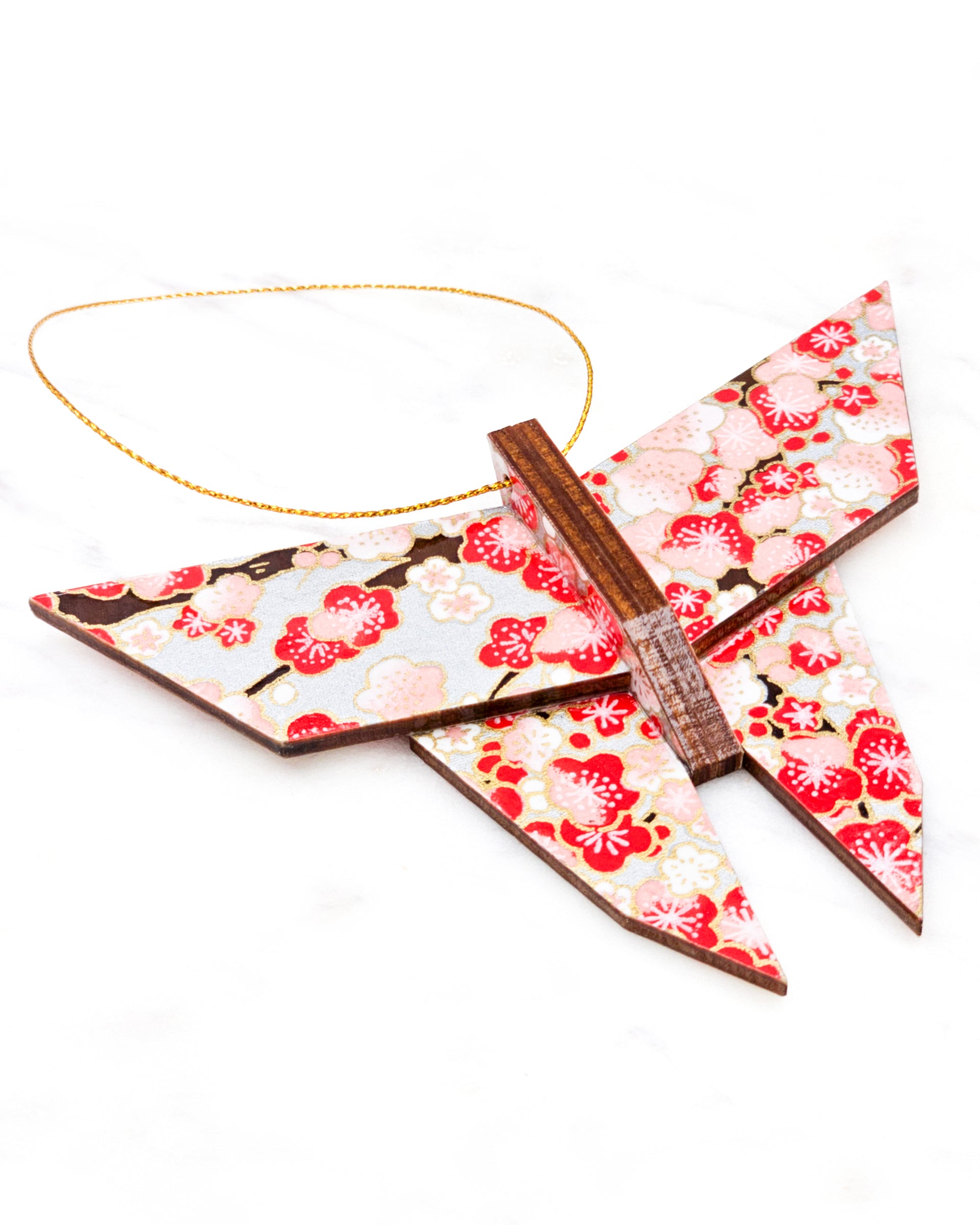 Large wooden origami butterfly ornament featuring red and white plum blossoms on a silver background with metallic gold details.