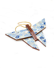 Small wooden origami butterfly ornament featuring small blue and white momiji (maple leaves) on a light blue background with metallic gold details.