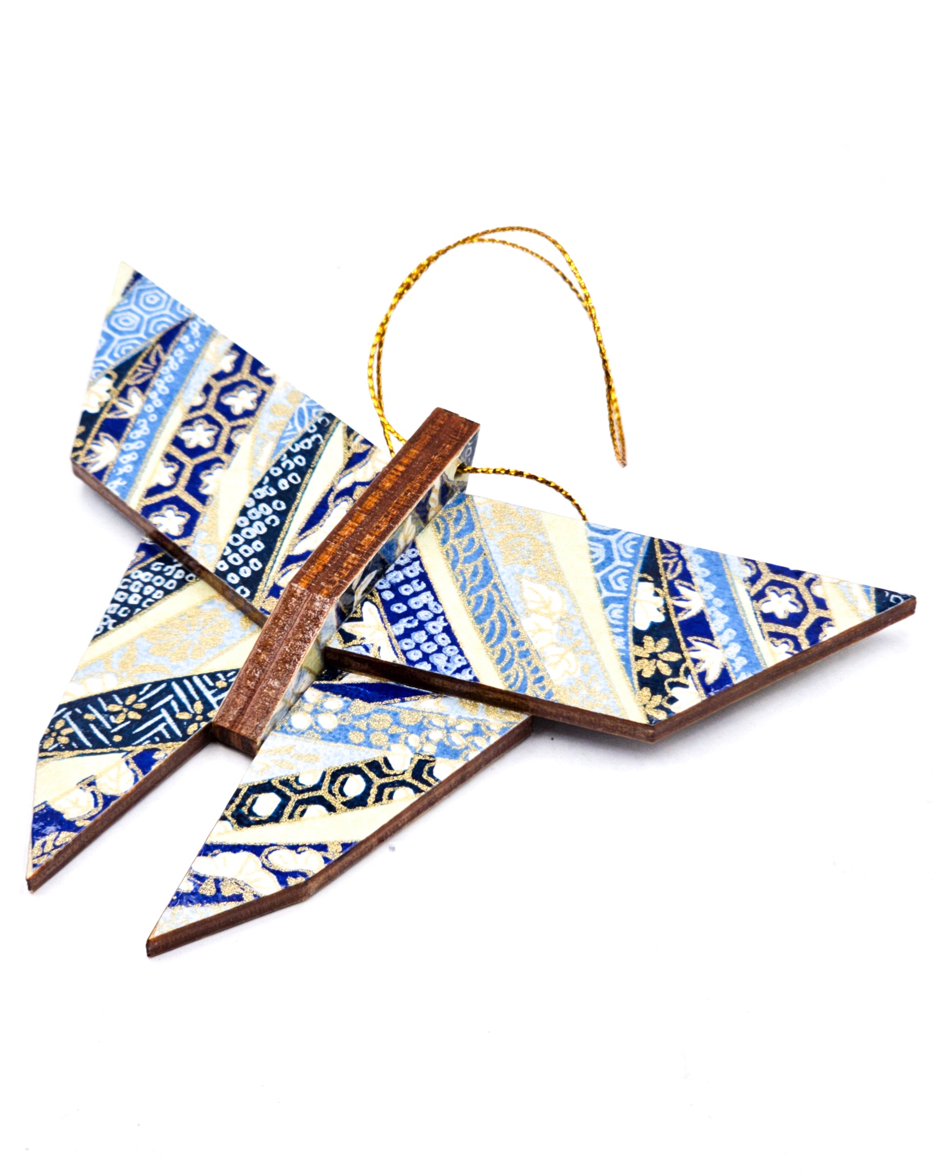 Wooden origami butterfly ornament featuring blue floral ribbons on a beige background with metallic gold accents.