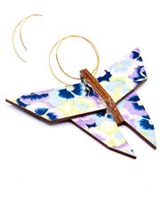 Wooden origami butterfly ornament featuring purple, blue, and green pansies with metallic gold accents.