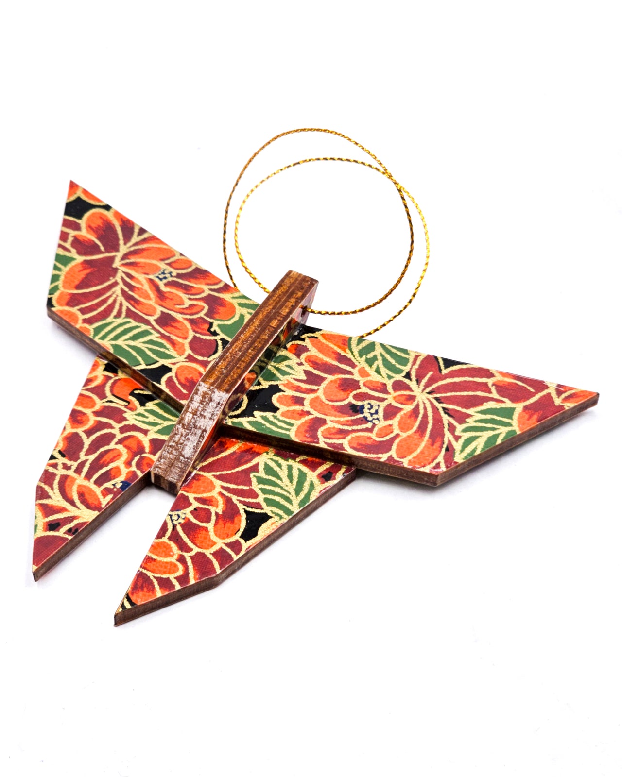 Wooden origami butterfly ornament featuring red chrysanthemums on a black background with metallic gold accents.