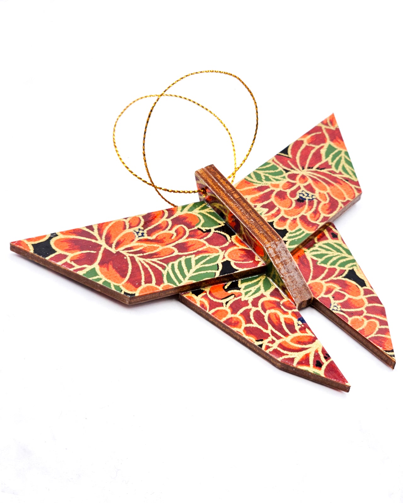 Wooden origami butterfly ornament featuring red chrysanthemums on a black background with metallic gold accents.