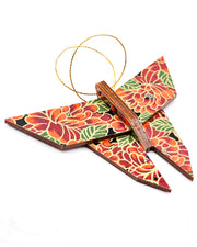 Wooden origami butterfly ornament featuring red chrysanthemums on a black background with metallic gold accents.