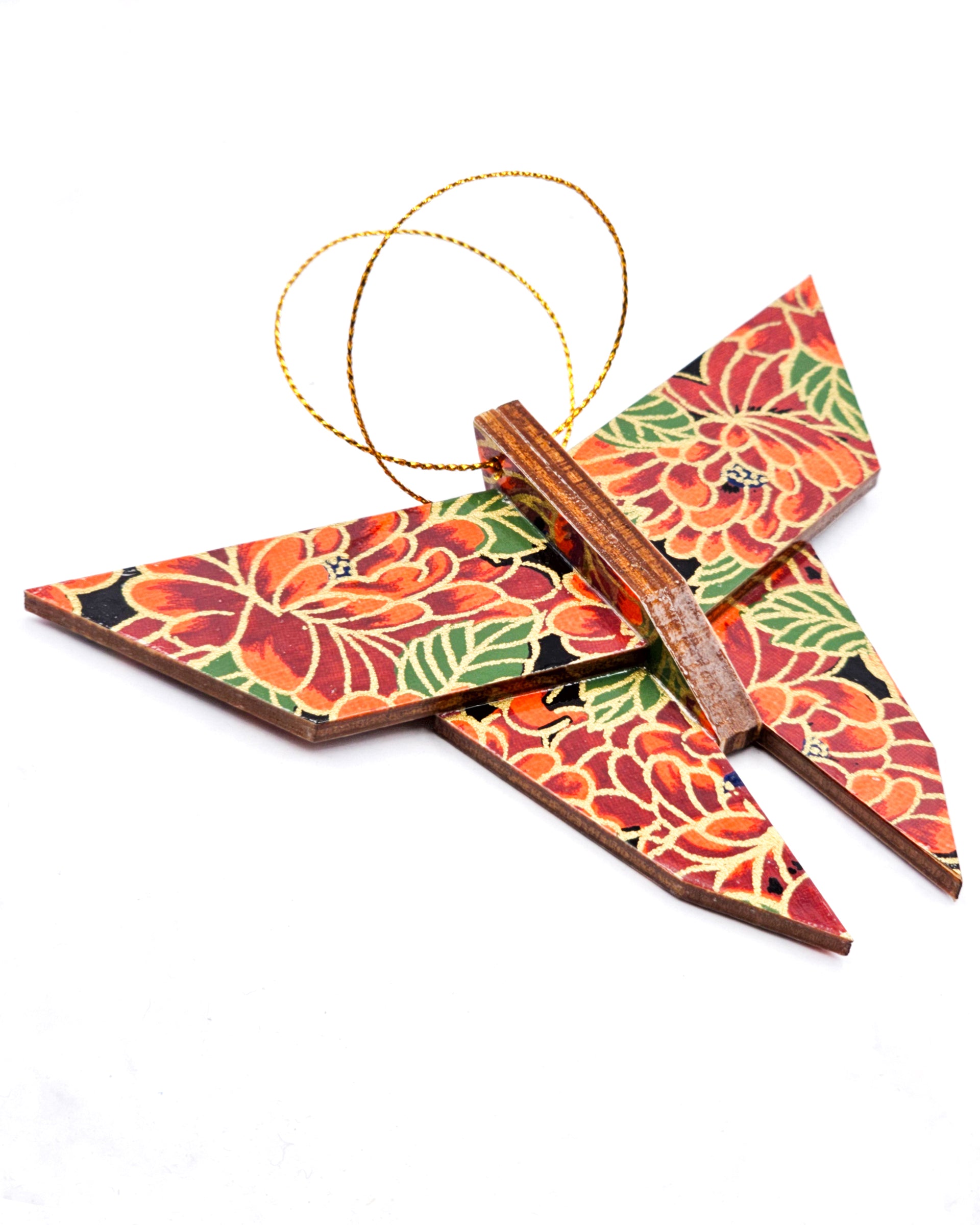 Wooden origami butterfly ornament featuring red chrysanthemums on a black background with metallic gold accents.