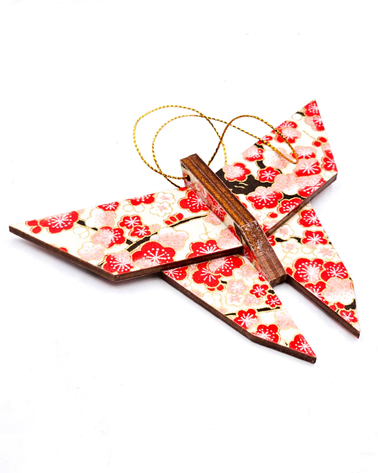 Wooden origami butterfly ornament featuring red plum blossoms on a light cream background with metallic gold accents.