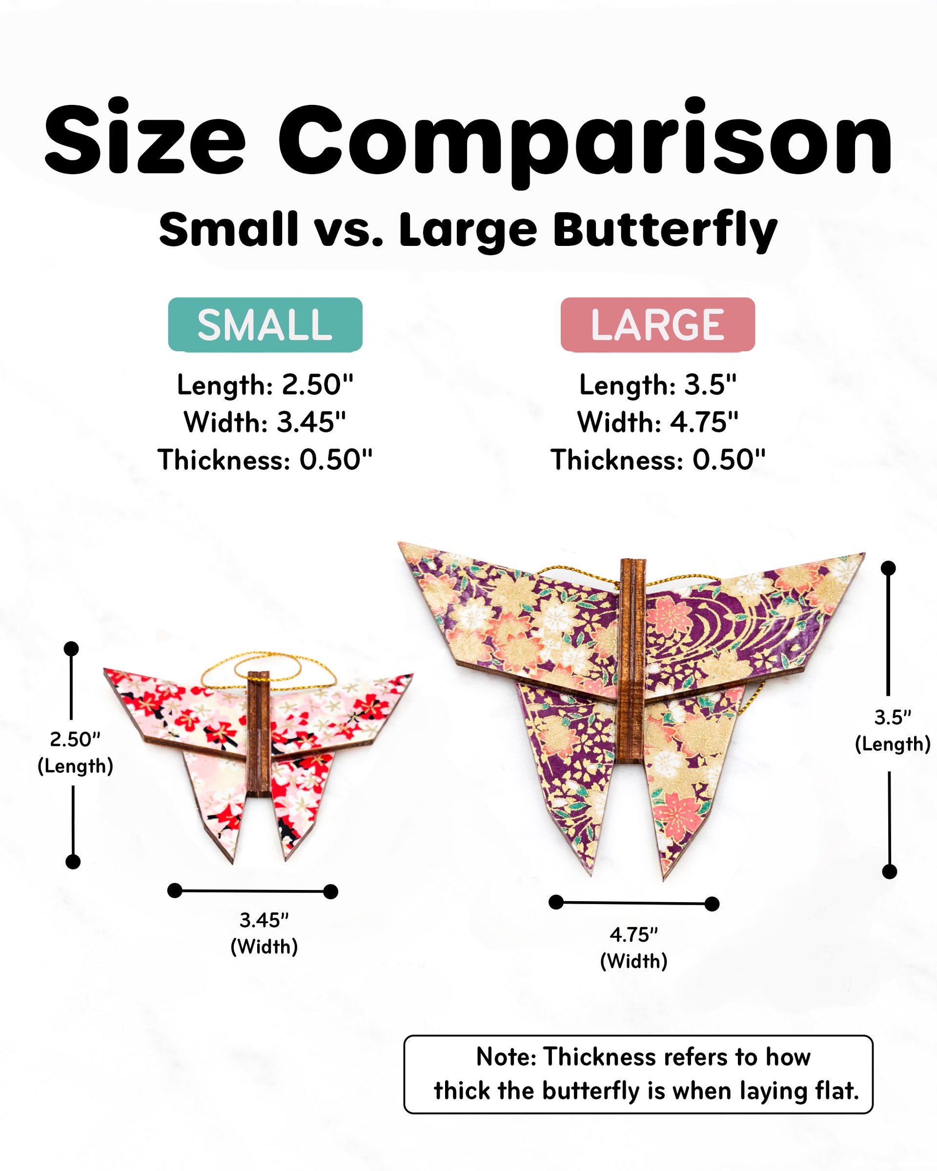 A size comparison display of the small and large wooden origami butterfly ornaments.
