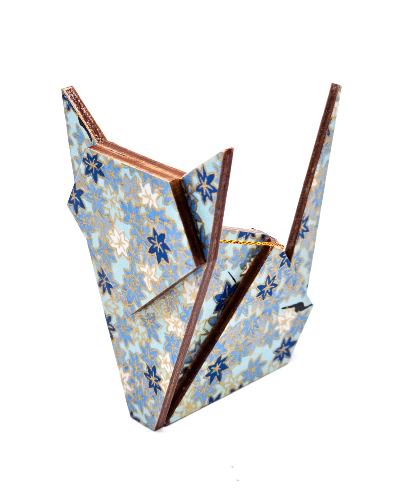 Wooden origami cat ornament featuring blue and white maples leaves on a blue background with metallic gold accents.