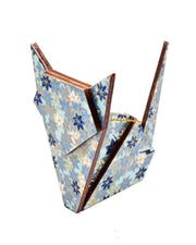Wooden origami cat ornament featuring blue and white maples leaves on a blue background with metallic gold accents.