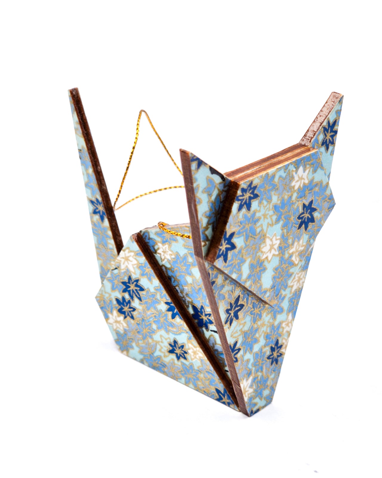 Wooden origami cat ornament featuring blue and white maples leaves on a blue background with metallic gold accents.