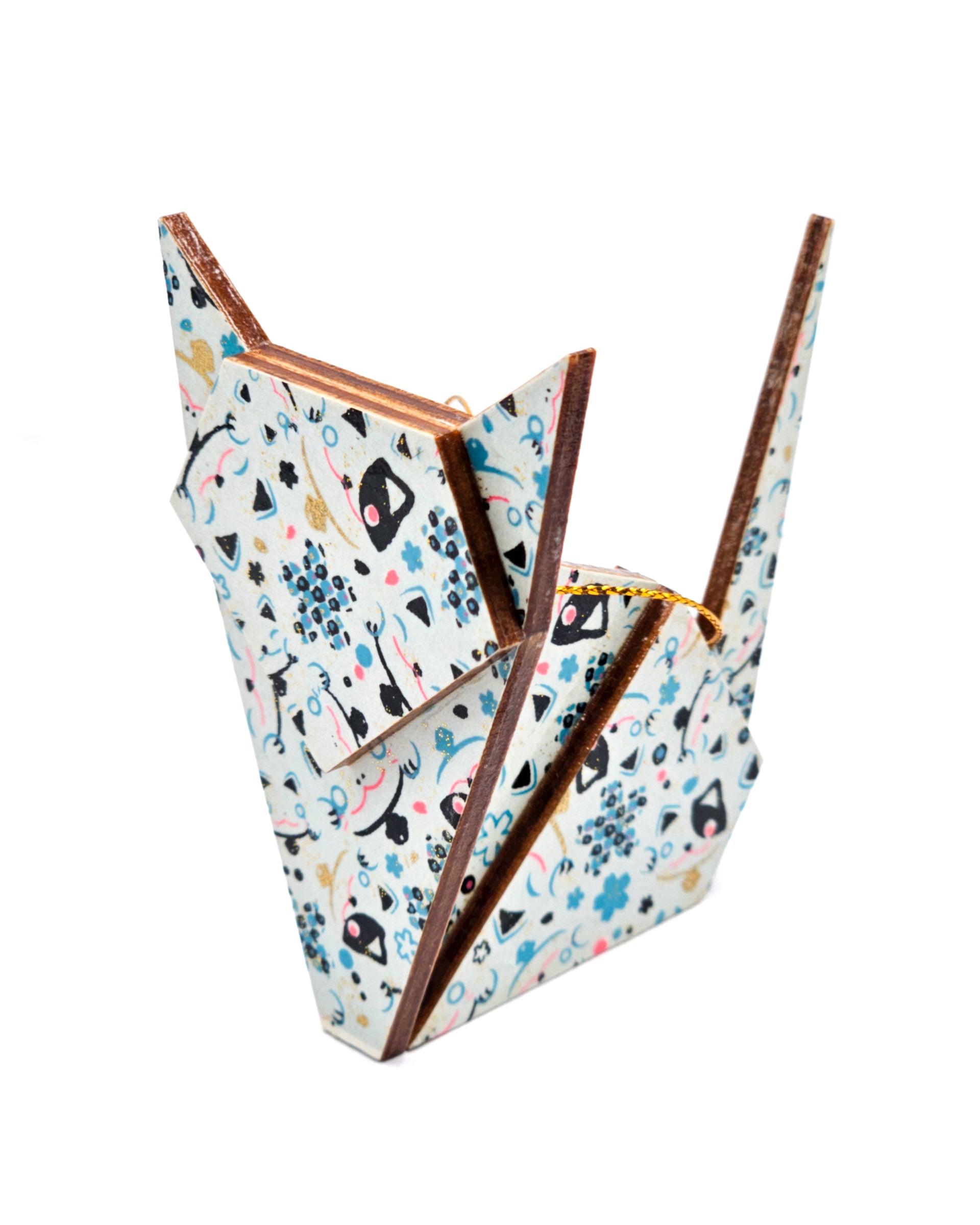 Wooden origami cat ornament featuring cute assorted maneki neko (lucky cats) on a light blue background with metallic gold accents.