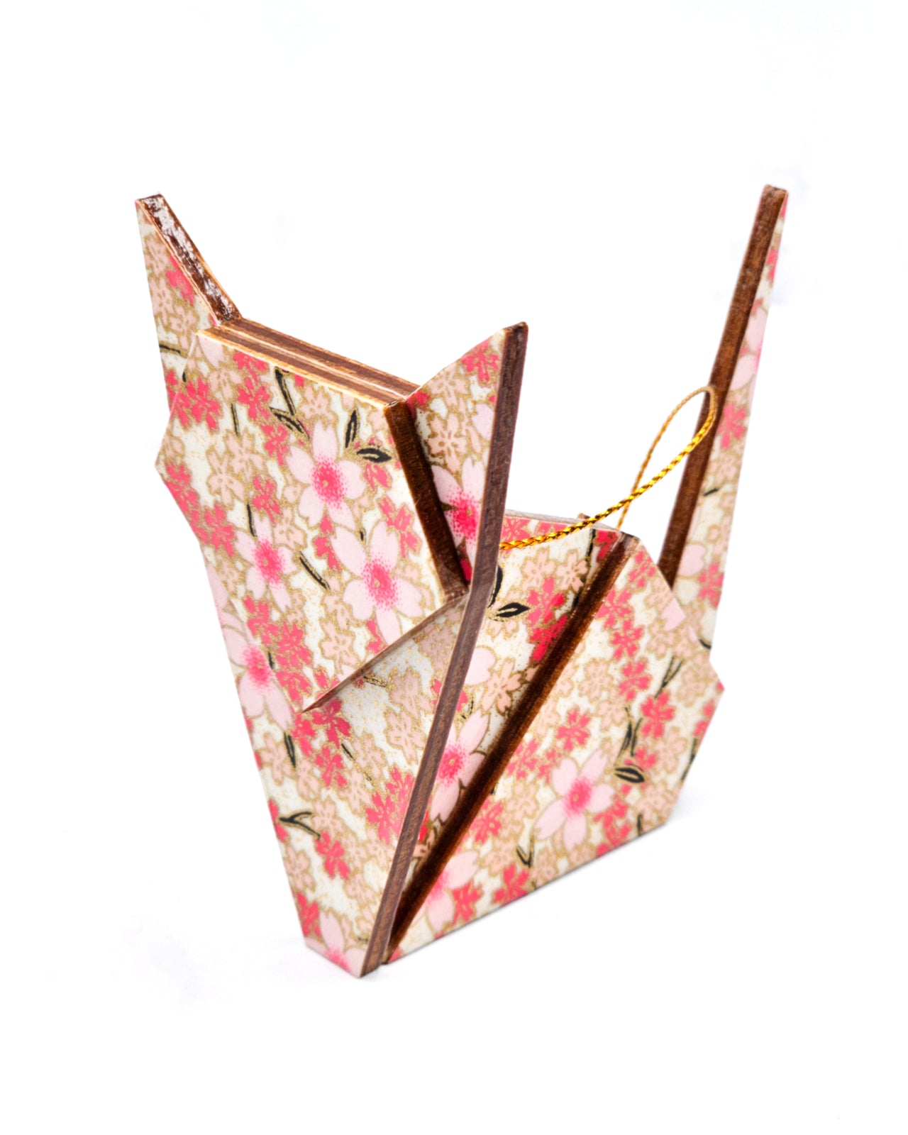 Wooden origami cat ornament featuring pink cherry blossoms on a white background with metallic gold accents.