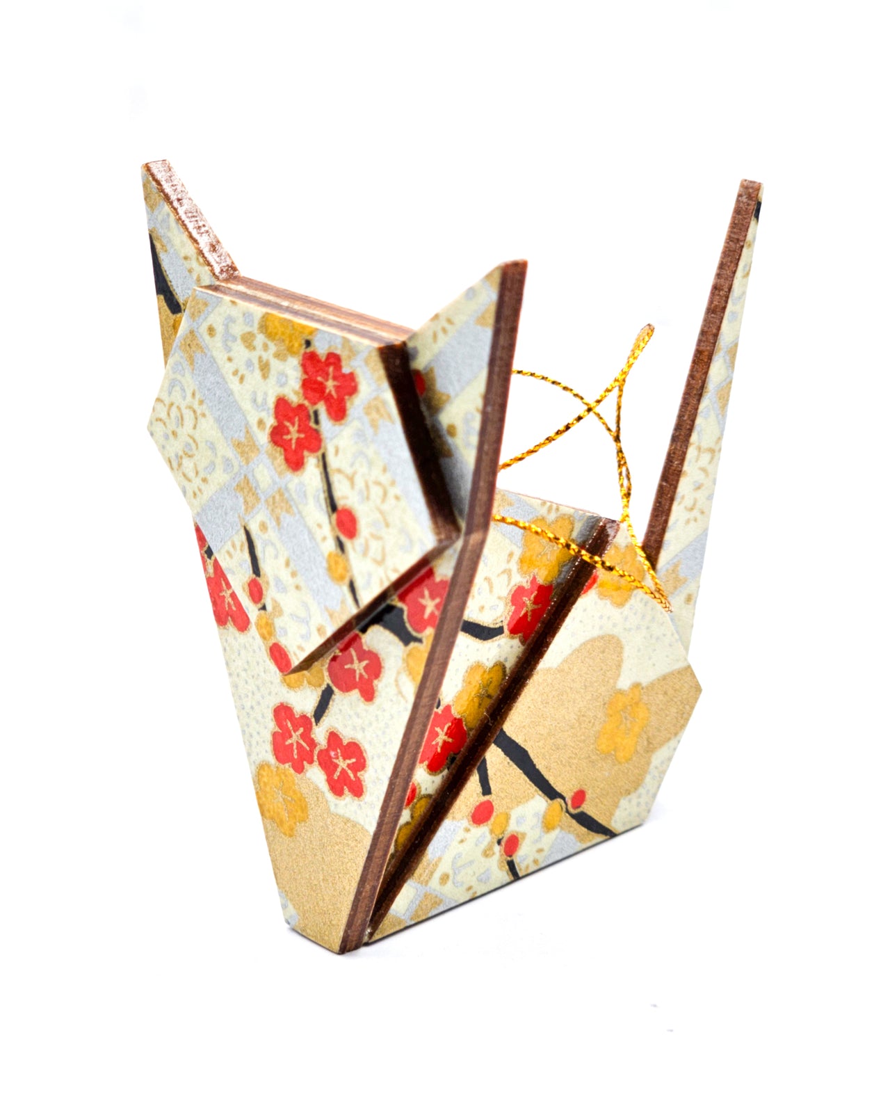 Wooden origami cat ornament featuring red plum blossom branches and a metallic silver checkered design on a beige background with metallic gold accents.
