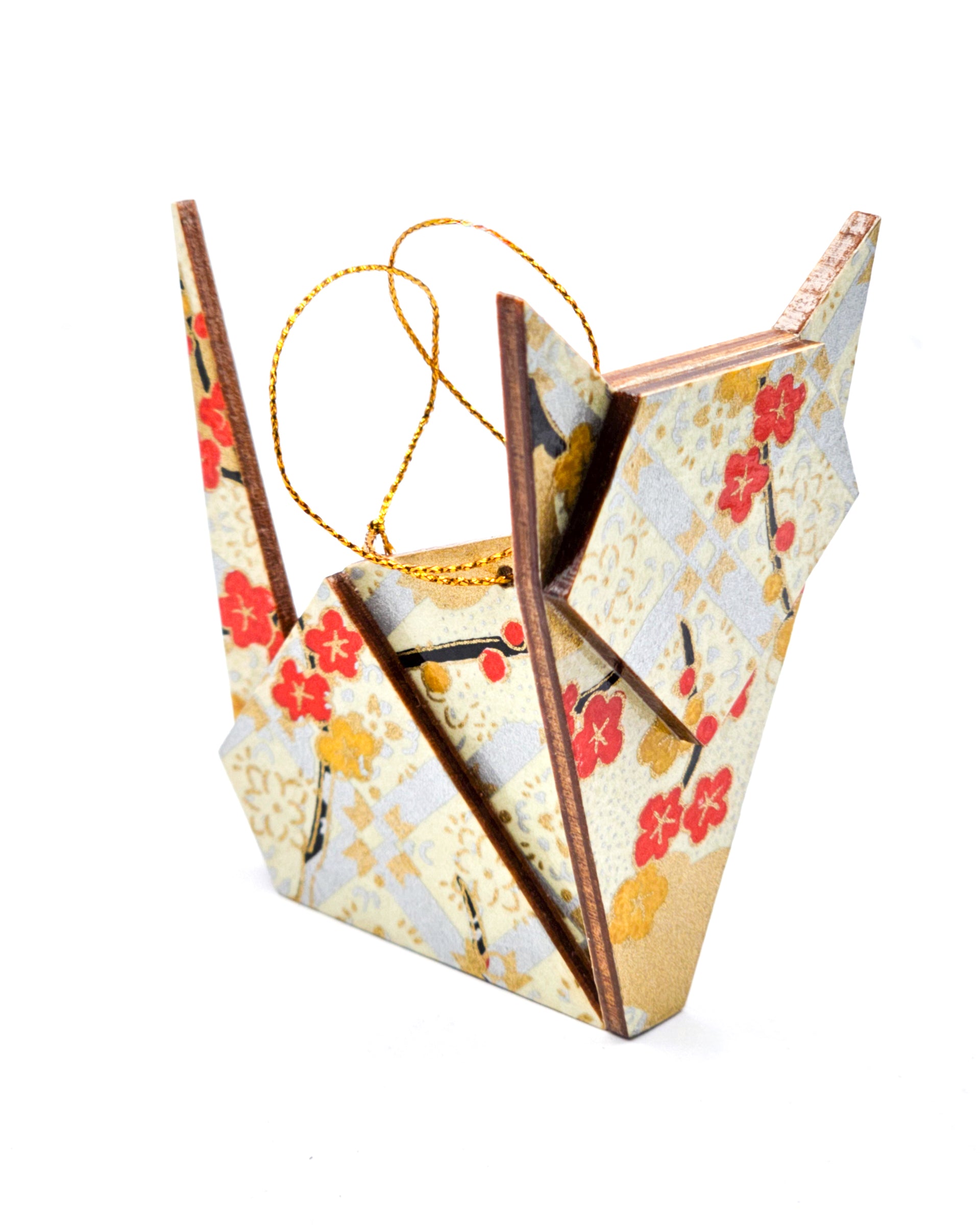 Wooden origami cat ornament featuring red plum blossom branches and a metallic silver checkered design on a beige background with metallic gold accents.