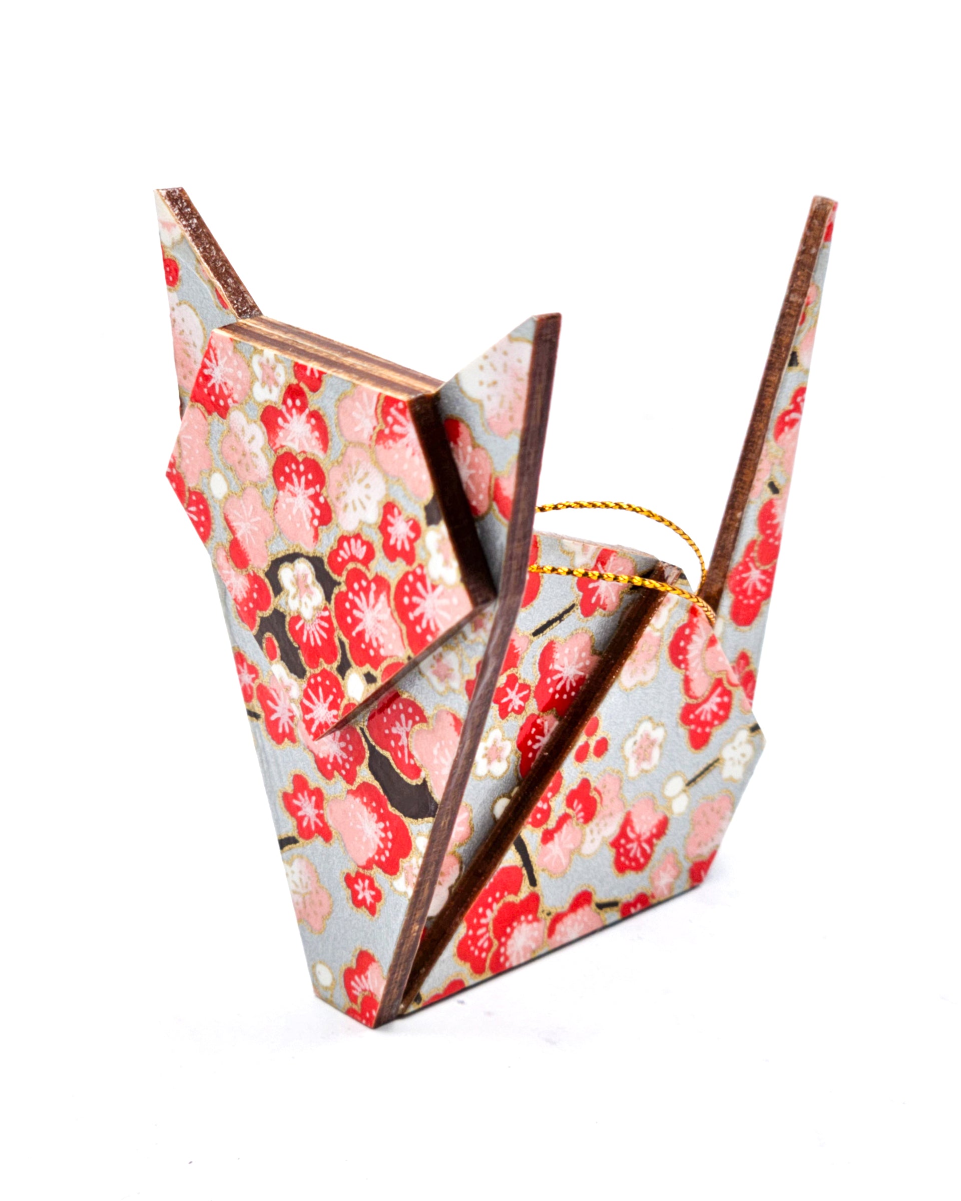 Wooden origami cat ornament featuring red plum blossom on a metallic silver background with metallic gold accents.