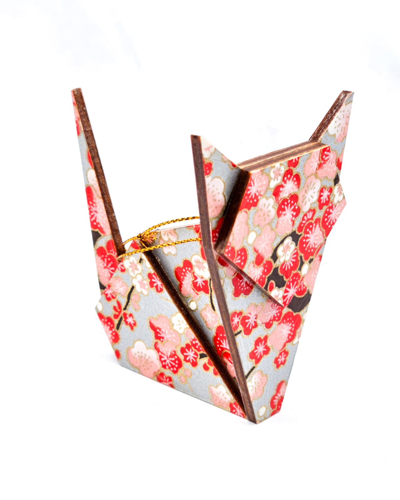 Wooden origami cat ornament featuring red plum blossom on a metallic silver background with metallic gold accents.