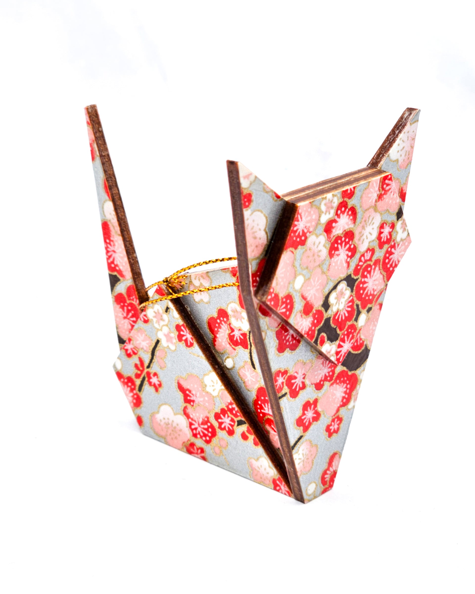 Wooden origami cat ornament featuring red plum blossom on a metallic silver background with metallic gold accents.