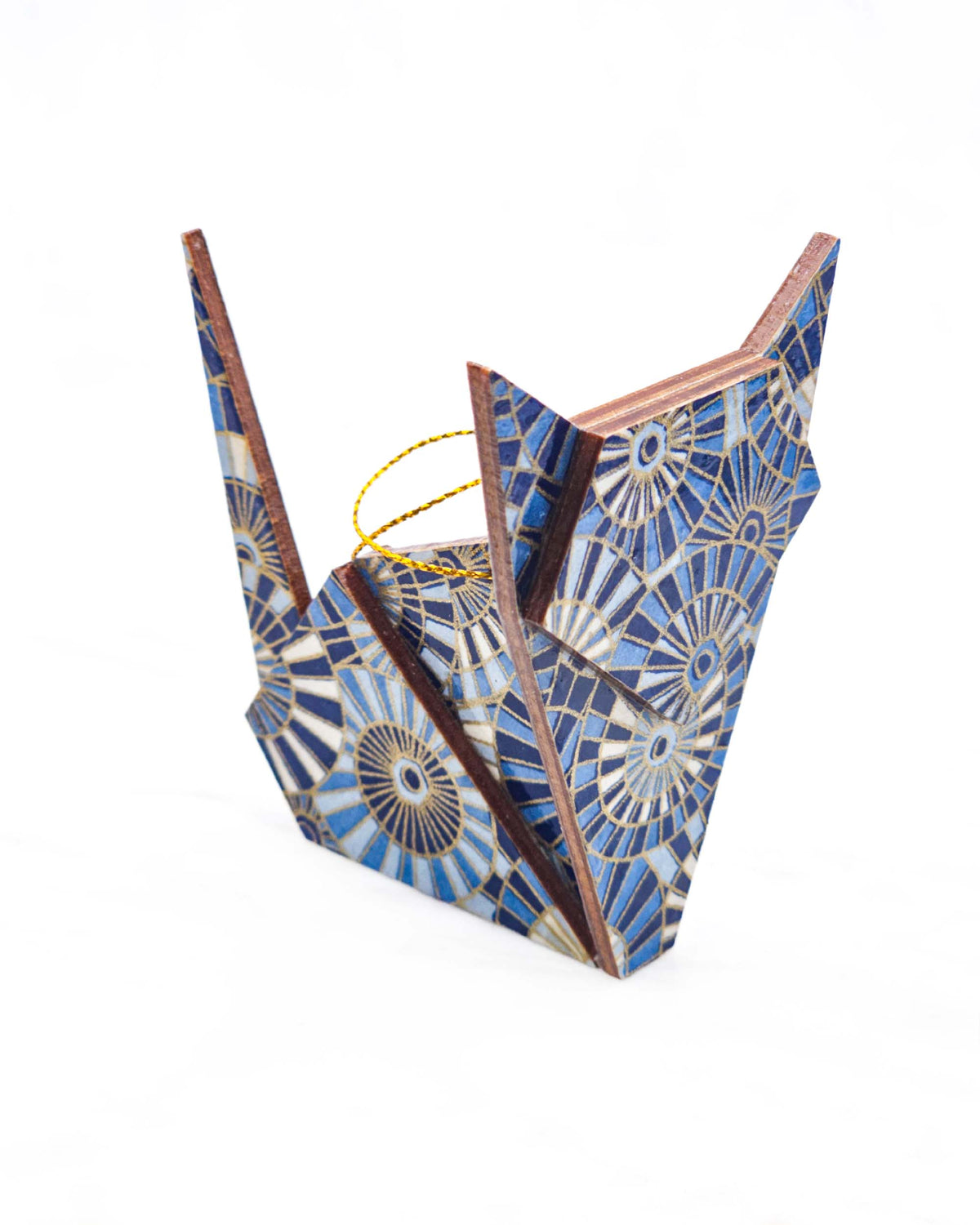 Large wooden origami cat ornament featuring blue and white overlapping parasols with metallic gold details.