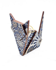 Large wooden origami cat ornament featuring blue and white overlapping parasols with metallic gold details.