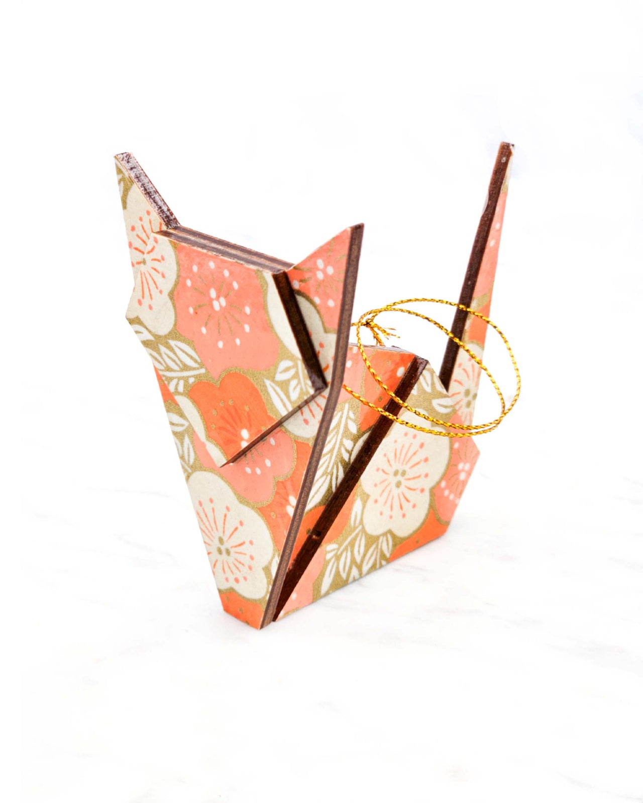 Large wooden origami cat ornament featuring large orange and cream plum blossoms on a metallic gold background.