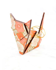 Large wooden origami cat ornament featuring large orange and cream plum blossoms on a metallic gold background.