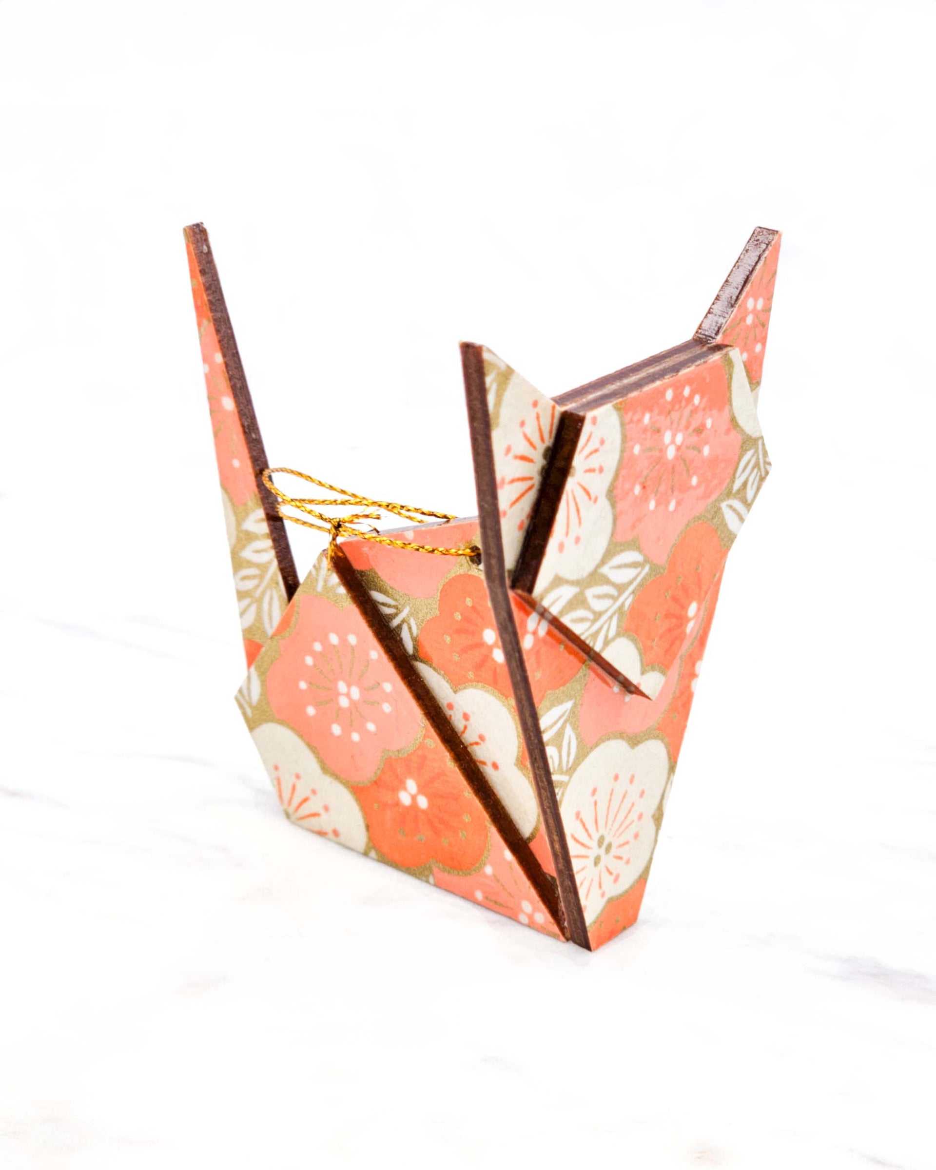 Large wooden origami cat ornament featuring large orange and cream plum blossoms on a metallic gold background.