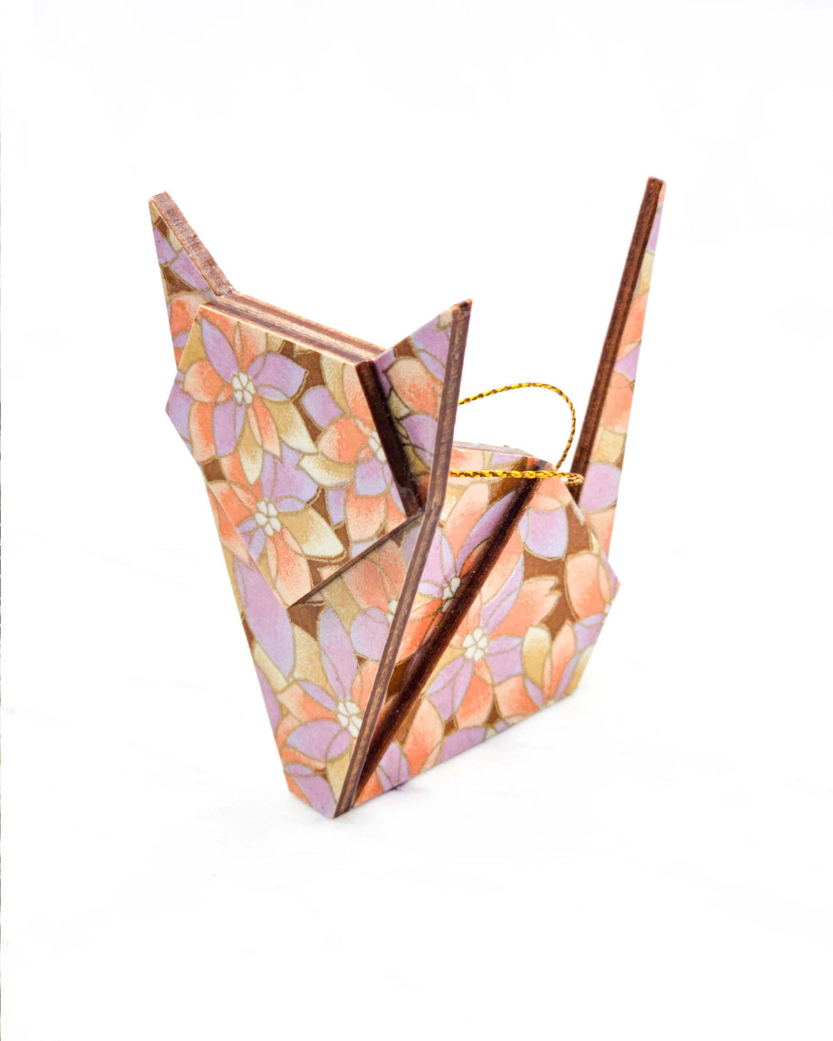 Large wooden origami cat ornament featuring orange, brown, and light purple lotuses on a brown background with metallic gold details.